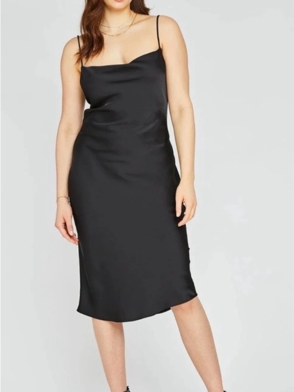 Gentle Fawn Black Spaghetti Strap Cowl Neck Satin Midi Slip Dress